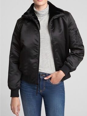 GAP Black Satin-like Bomber Jacket with Faux Fur Collar